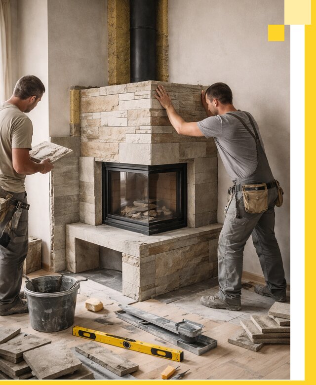 Угловые камины под ключ проект, монтаж и отделка в Устях-Илимске